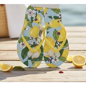 Vera Bradley Flip Flops Lemon Grove Yellow Blue Sandals Large 9-10 New In Pkg